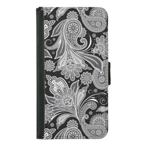 Black  White Floral Vintage Paisley Pattern Samsung Galaxy S5 Wallet Case