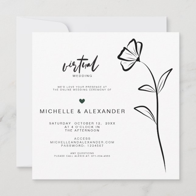 Black White Floral Virtual Wedding Invitation (Front)