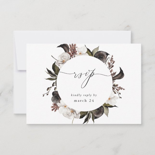Black & White Floral w Meal RSVP 3 Card (Front)