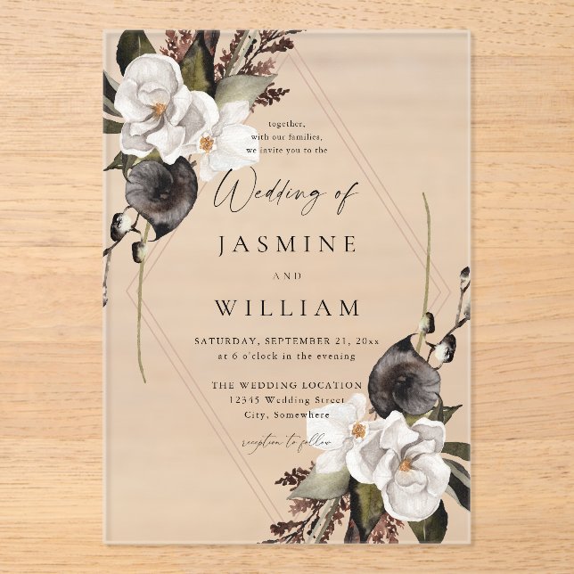 Black & White Floral Wedding Acrylic Invitations (Front)