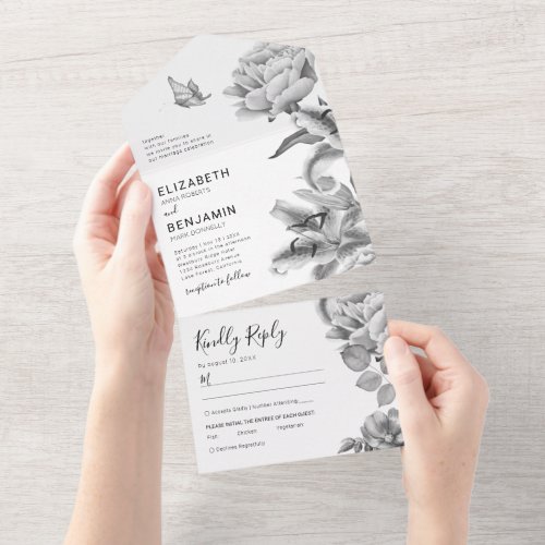 Black White Floral Wedding All In One Invitation - Vintage chic black & white wedding all in one invitations featuring elegant grayscale botanical florals & foliage, a modern wedding template, and a tear off perforated meal RSVP postcard. No envelopes needed for shipping, simply fold each card into the outlined shape, and then seal and send, its that easy!