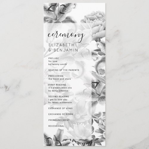 Black White Floral Wedding Ceremony Program - Vintage chic black & white wedding program featuring elegant grayscale watercolor lillies, peonies, & other florals, and a modern wedding ceremony template that can easily be personalized.