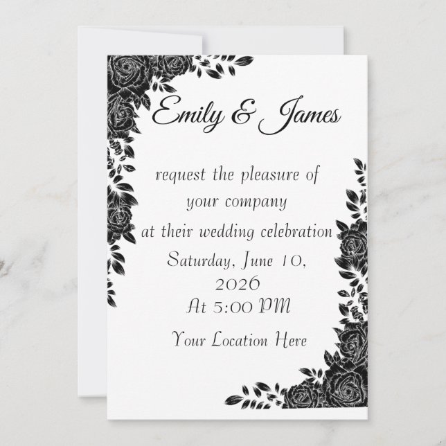 “Black & White Floral Wedding Invitation (Front)