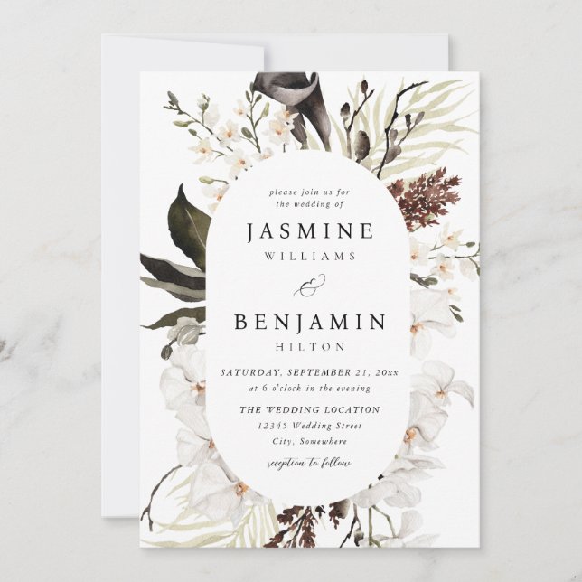 Black & White Floral Wedding Invitation (Front)