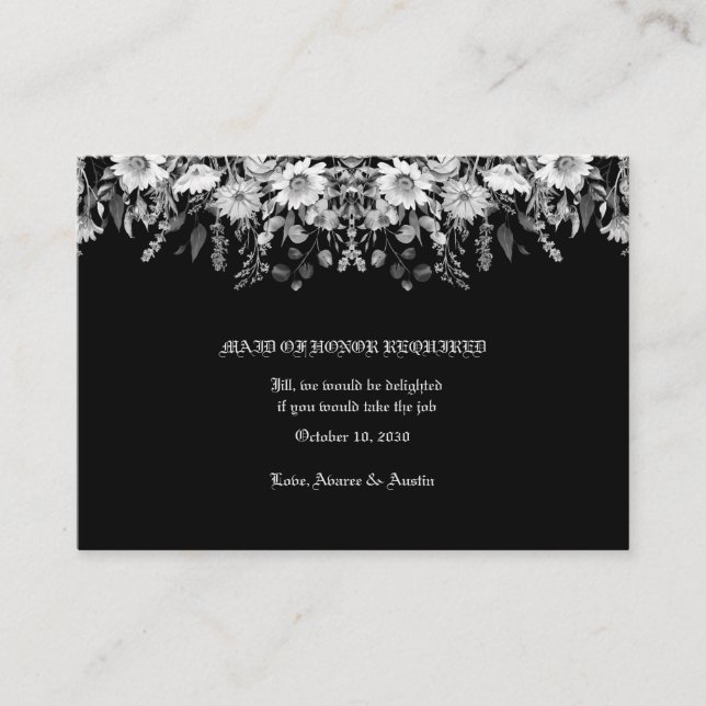 Black White Floral Wedding Maid of Honor Enclosure Card (Front)