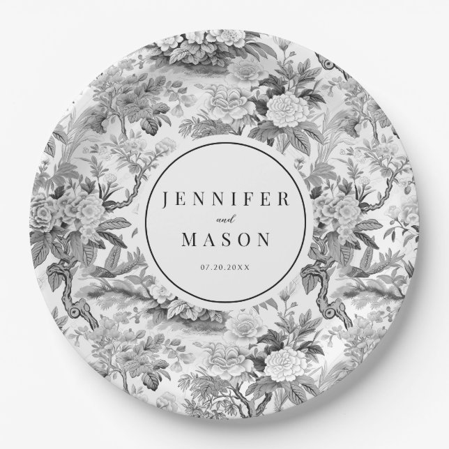 Black white floral wedding monogram paper plates (Front)