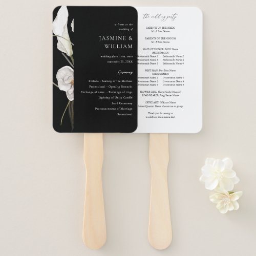 Black  White Floral Wedding Program 2 Black Hand Fan