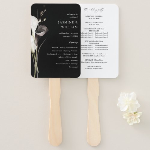 Black  White Floral Wedding Program Black Hand Fan