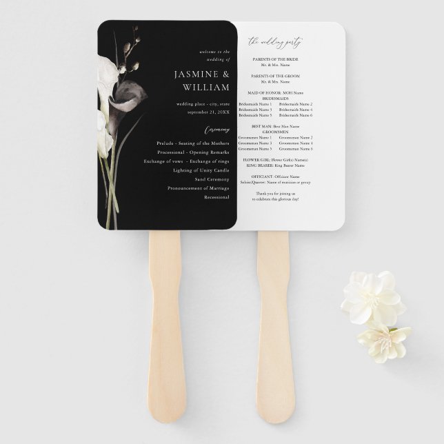Black & White Floral Wedding Program Black Hand Fan (Front and Back)