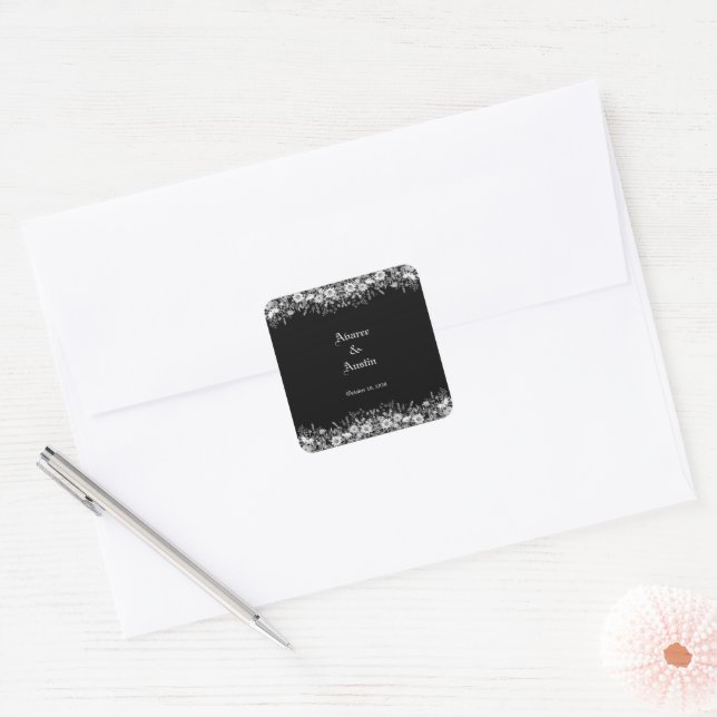 Black White Floral Wedding  Square Sticker (Envelope)