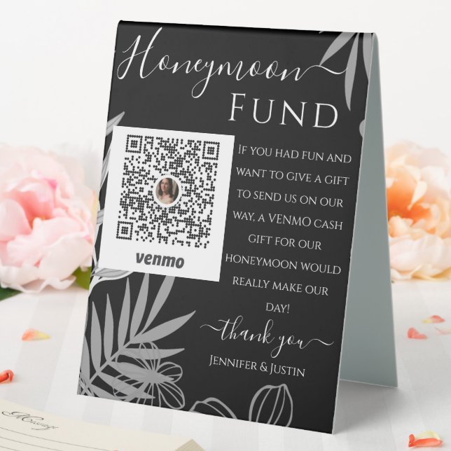 Black White Floral Wedding Venmo Honeymoon Fund  Table Tent (In SItu (Wedding))