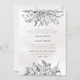 Black White Floral Winter Mountain Simple Wedding Invitation