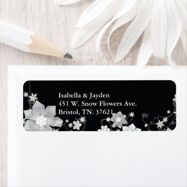Black White Floral Winter Wedding Address Label (Insitu)