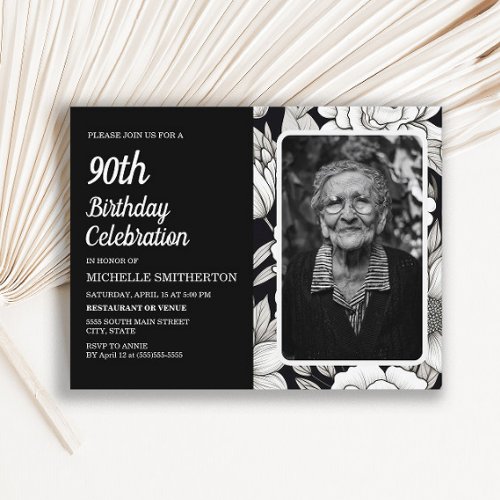 Black White Floral Womens Photo 90th Birthday Invitation Postcard