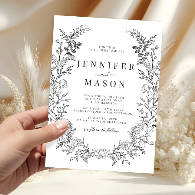 Black white floral wreath boho wedding invitation (Creator Uploaded)