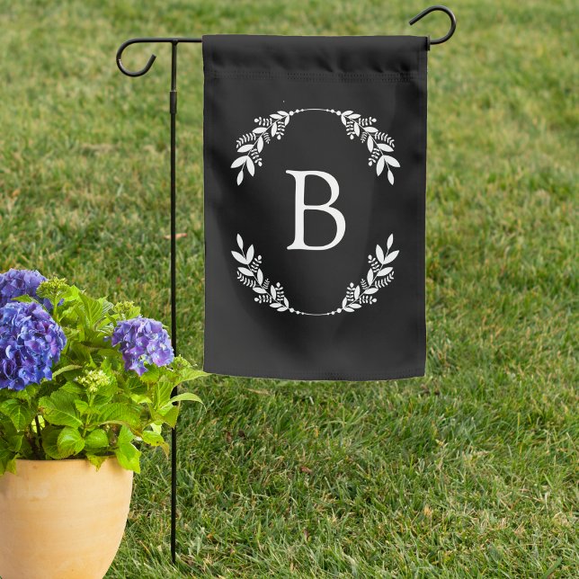 Black & White Floral Wreath Monogram  Garden Flag (Creator Uploaded)