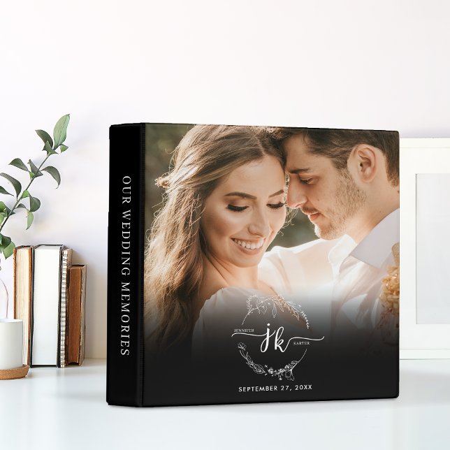 Black White Floral Wreath Monogram Photo Wedding 3 Ring Binder (Creator Uploaded)