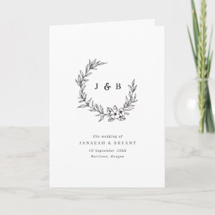 Black & White Floral Wreath Monogram Wedding  Program
