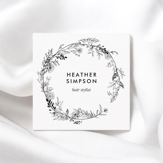 Black White Floral Wreath Rustic Square Business Card (Creator Uploaded)