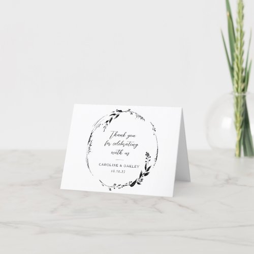 Black White Floral Wreath Wedding Custom Names Thank You Card