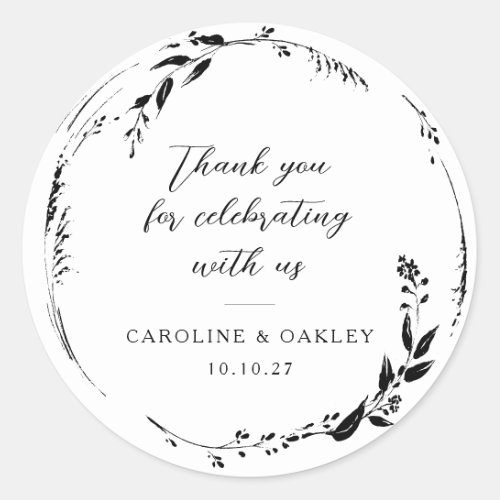 Black White Floral Wreath Wedding Custom Thank You Classic Round Sticker