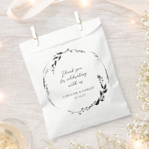Black White Floral Wreath Wedding Custom Thank You Favor Bag