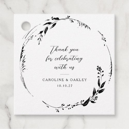 Black White Floral Wreath Wedding Custom Thank You Favor Tags