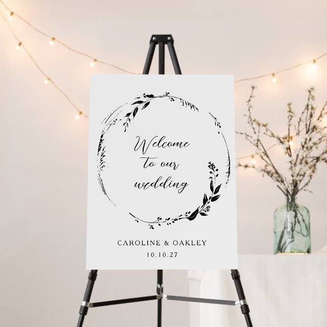 Black White Floral Wreath Wedding Custom Welcome Foam Board (In Situ (Stand))