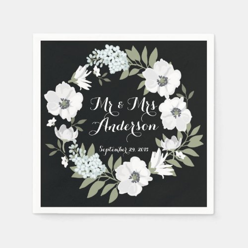 Black White Floral Wreath Wedding Napkin