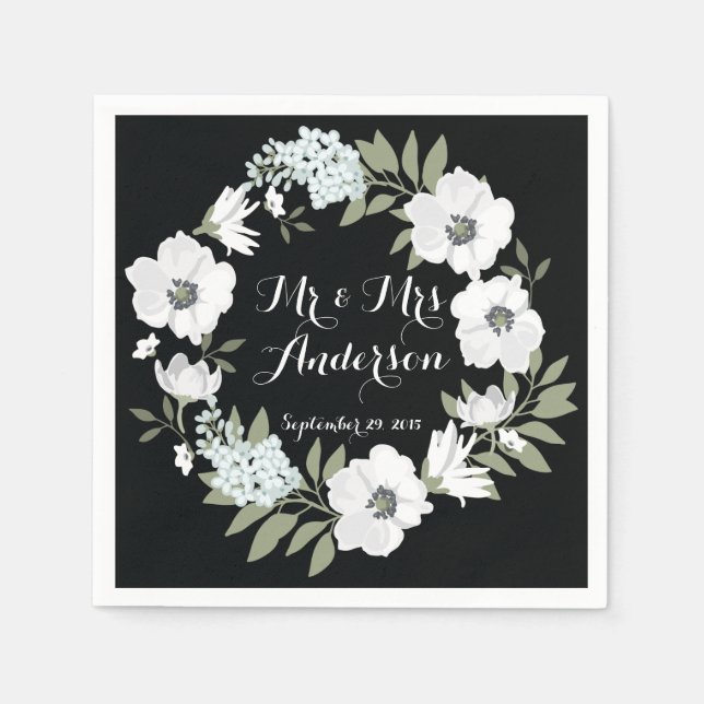 Black White Floral Wreath Wedding Napkin (Front)