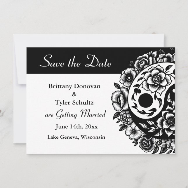 Black White Floral Yin Yang Wedding Save the Date Invitation (Front)