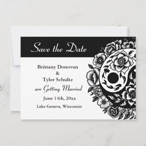 Black White Floral Yin Yang Wedding Save the Date Invitation