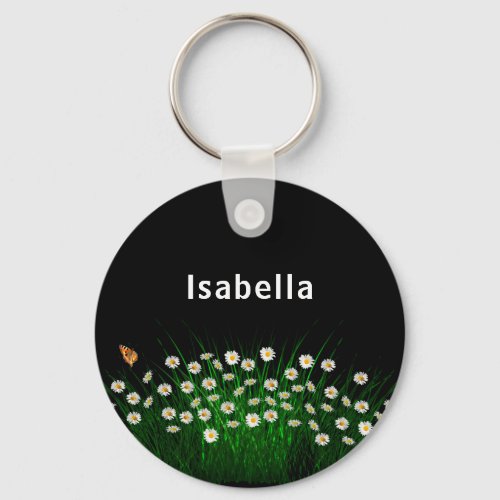 Black white florals meadow butterfly name keychain