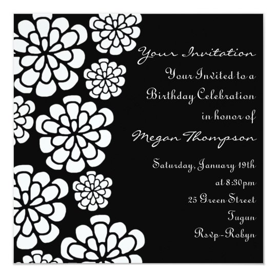 Black & White Flower Birthday Invitation