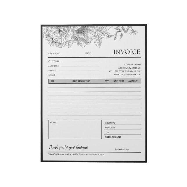 Black White Flower Border Small Business Invoice Notepad (Rotated)