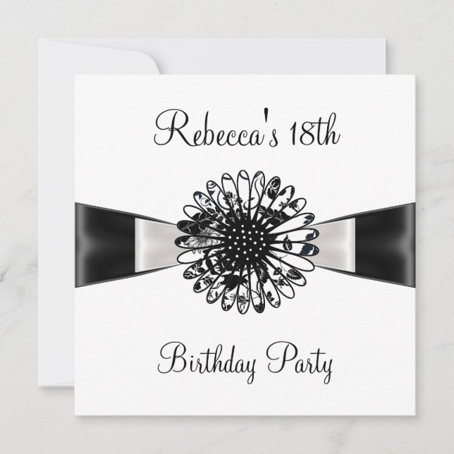 Black White Flower Bow 18th Birthday Party 2 Invitation (Front)