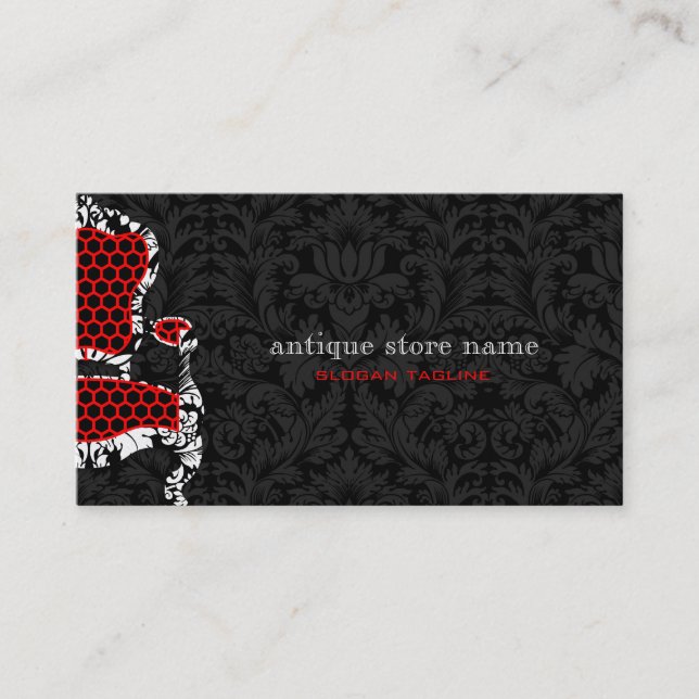Black & White Flower Damasks With Antiques Chair 2 Business Card (Front)