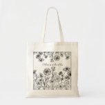Black white flower garden graphic line art custom tote bag