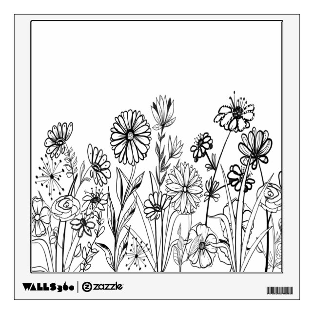 Black white flower graphic line art floral art wall decal (Front)