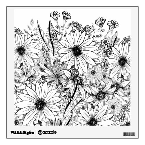 Black white flower line art floral art wall decal