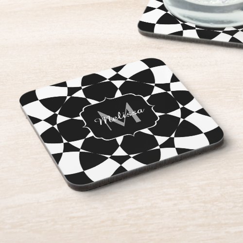 Black white flower mandala mosaic retro Monogram Beverage Coaster