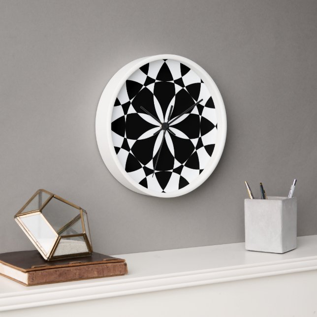 Black white flower mandala mosaic retro Monogram Clock (Office)