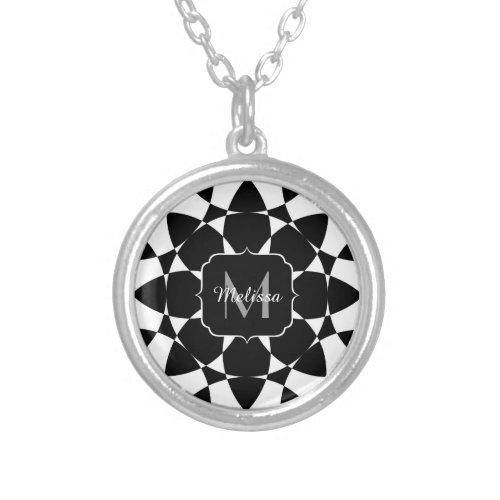 Black white flower mandala mosaic retro Monogram Silver Plated Necklace