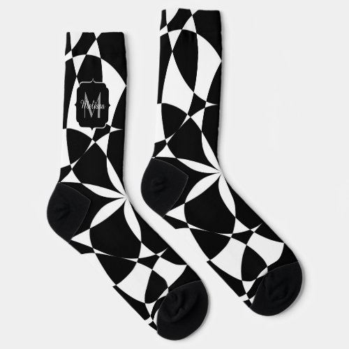 Black white flower mandala mosaic retro Monogram Socks
