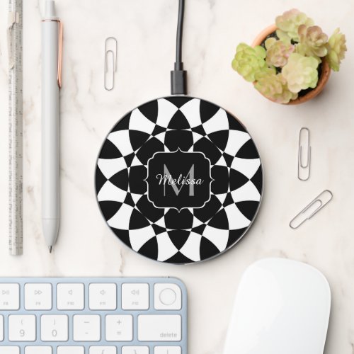 Black white flower mandala mosaic retro Monogram Wireless Charger
