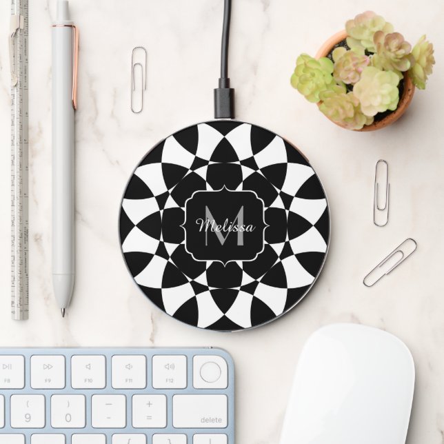 Black white flower mandala mosaic retro Monogram Wireless Charger (Desk)