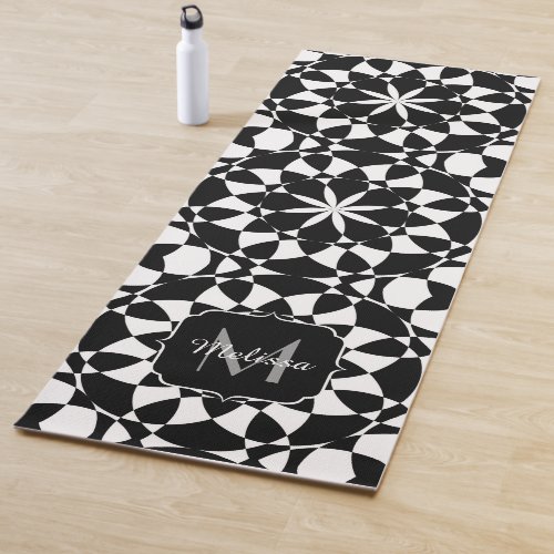 Black white flower mandala mosaic retro Monogram Yoga Mat