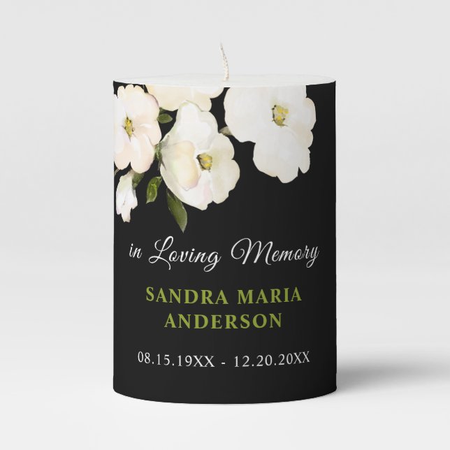 Black White Flower  Memorial Pillar Candle (Front)