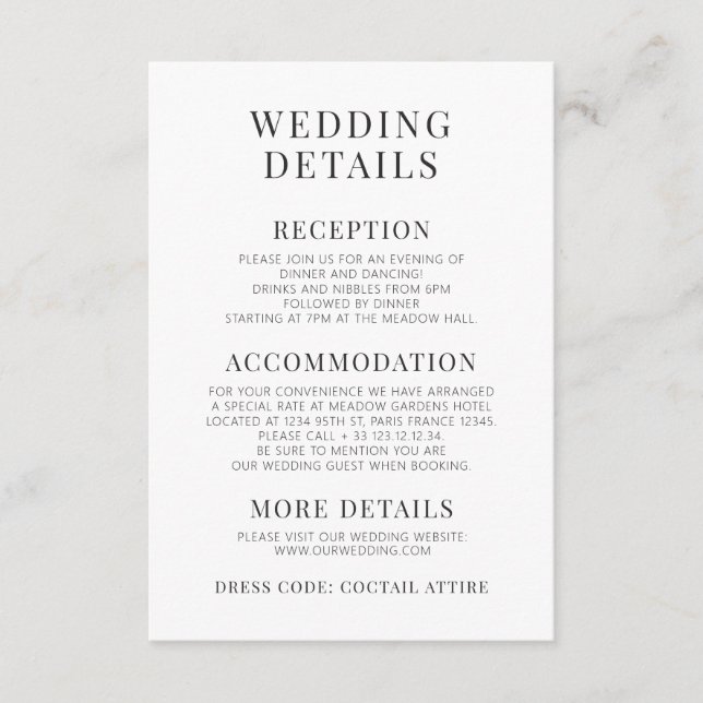 Black White Flower Minimalist Wedding Details Card (Front)
