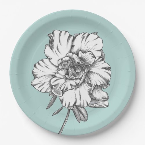 Black  White Flower on aqua Paper Plate